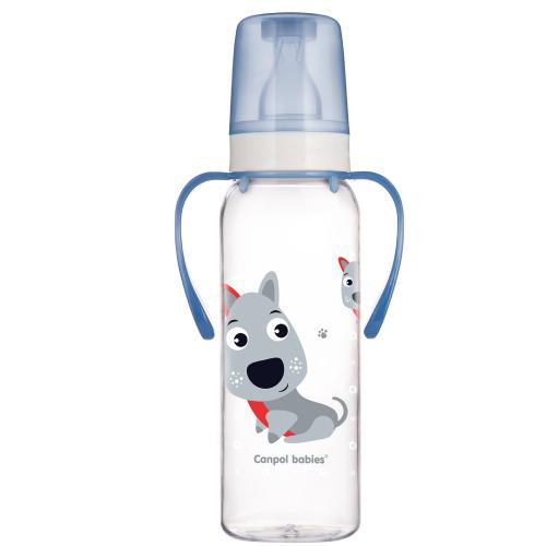 Miniaturka artykułu - CANPOL BABIES Cute Animals Butelka wąska z uchwytem niebieski pies, 250ml 11/845 12m+