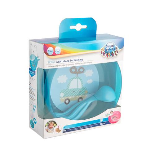 Miniaturka artykułu - CANPOL BABIES Miseczka z przykrywką i sztućcami niebieski samoch&oacute;d 21/300