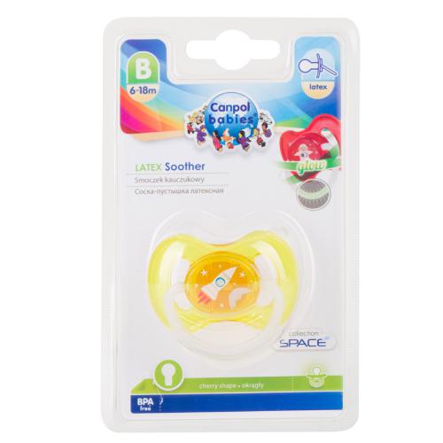 Miniaturka artykułu - CANPOL BABIES Smoczek uspokajający kauczukowy okrągły 6-18m kosmiczny ż&oacute;łty, 23/222