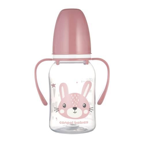 Miniaturka artykułu - Canpol Butelka wąska z uchwytem od 3mc Cute Animals 11/823 r&oacute;żowa, 120 ml