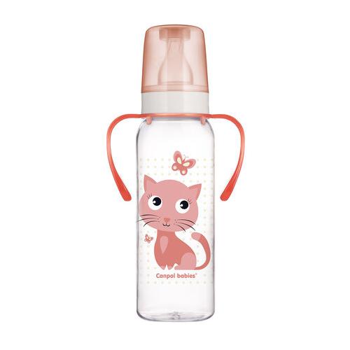 Miniaturka artykułu - CANPOL BABIES Cute Animals Butelka wąska z uchwytem r&oacute;żowy kot, 250ml 11/845