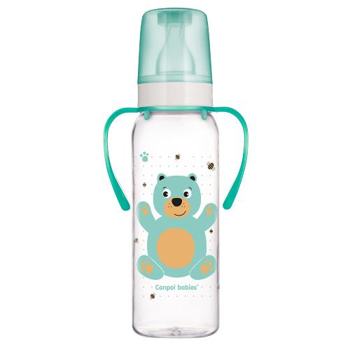 Miniaturka artykułu - CANPOL BABIES Cute Animals Butelka wąska z uchwytem turkusowy miś, 250ml 11/845