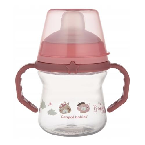 Miniaturka artykułu - CANPOL BABIES Kubek z silikonowym ustnikiem FirstCup BONJOUR PARIS 150ml r&oacute;żowy