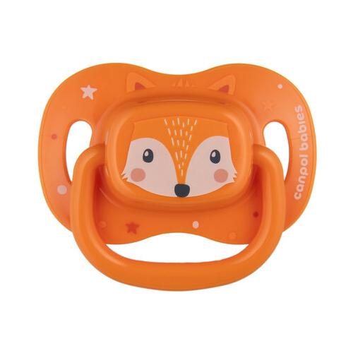 Miniaturka artykułu - CANPOL BABIES Smoczek uspokajający silikonowy 6-18m symetryczny CUTE ANIMALS pomarańczowy 34/925