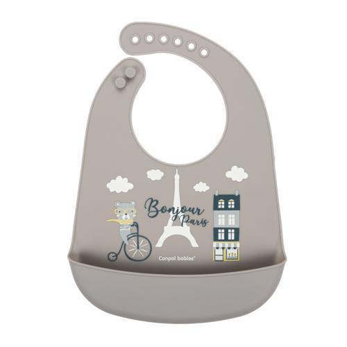 Miniaturka artykułu - CANPOL BABIES Śliniak silikonowy z kieszenią "Bonjour Paris" beż 74/027