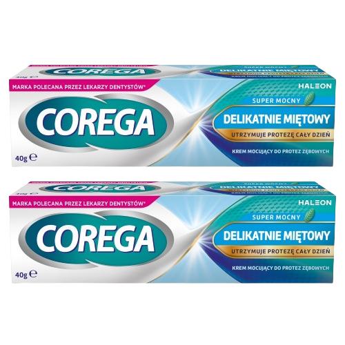 Miniaturka artykułu - Corega Krem mocujący do protez zębowych Super Mocny Delikatnie Miętowy, 2 x 40 g