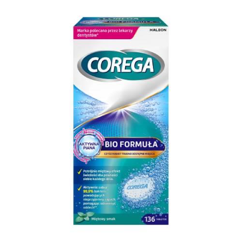 Miniaturka artykułu - COREGA Tabs Bio Formuła Tabletki do czyszczenia protez zębowych Miętowy smak, 136tabl.