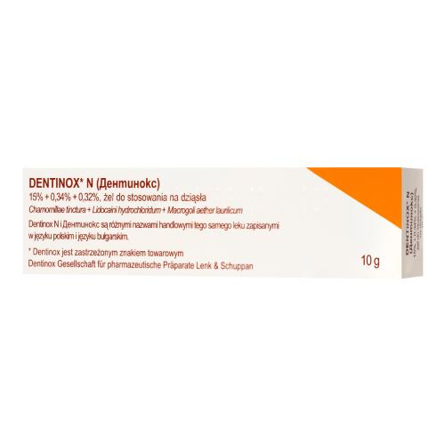 Miniaturka artykułu - Dentinox N Żel do stosowania na dziąsła 15% + 0,34% + 0,32%, 10 g (Delfarma)