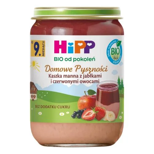 Miniaturka artykułu - HiPP BIO Domowe Pyszności Kaszka manna z jabłkami i czerwonymi owocami po 9. miesiącu, 190 g