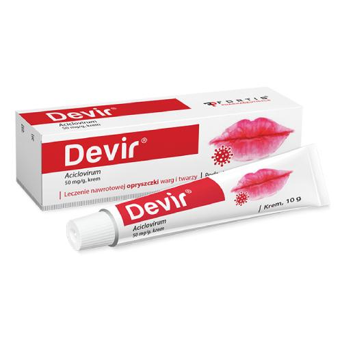 Miniaturka artykułu - Devir 50 mg/g Krem, 10 g - leczenie nawrotowej opryszczki warg i twarzy