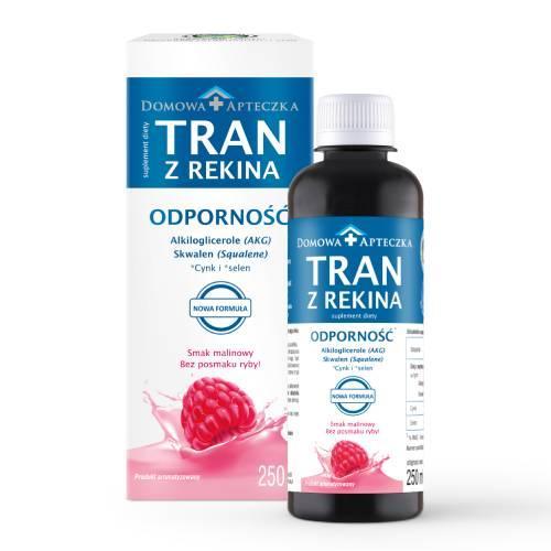 Miniaturka artykułu - DOMOWA APTECZKA Tran z rekina o smaku malinowym, 250ml USZKODZONE TEKTUROWE OPAKOWANIE 