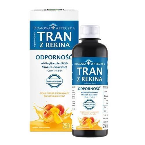 Miniaturka artykułu - DOMOWA APTECZKA Tran z rekina o smaku mango-brzoskwinia emulsja, 250ml (nowa formuła) KR&Oacute;TKA DATA 31.08.2026