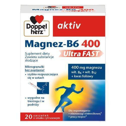 Miniaturka artykułu - Doppelherz aktiv Magnez-B6 UltraFast - 20 saszetek USZKODZONY KARTON