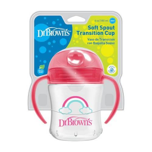 Miniaturka artykułu - Dr Brown's Kubek z miękkim ustnikiem różowy 6m +, 180 ml