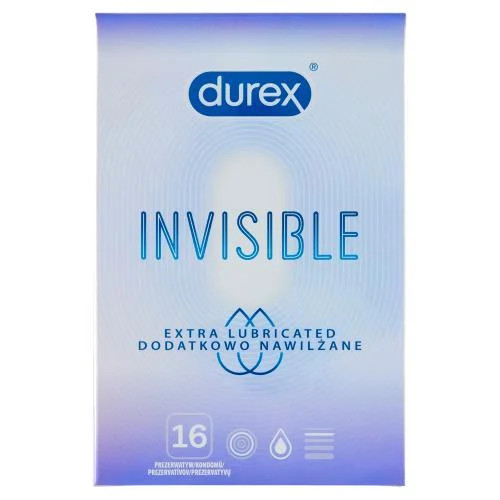 Miniaturka artykułu - DUREX Invisible Prezerwatywy dodatkowo nawilżane, 16 sztuk KR&Oacute;TKA DATA 31.10.2026