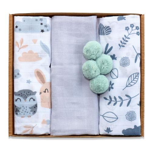 Miniaturka artykułu - EGA KIDS Pieluszki muślinowe pompony 60x80 szare, 3szt.