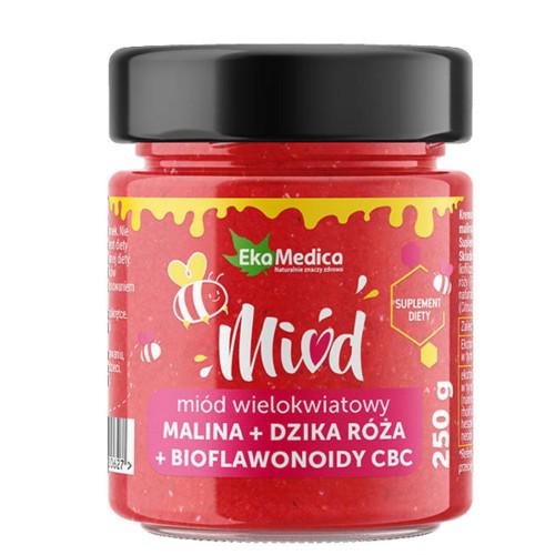 Miniaturka artykułu - Ekamedica Mi&oacute;d wielokwiatowy malina + dzika r&oacute;ża + bioflawonoidy CBC, 250g