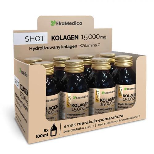 Miniaturka artykułu - EkaMedica Shot Kolagen 15 000mg z witaminą C smak marakuja-pomarańcza, 8 x 100 ml USZKODZONE TEKTUROWE OPAKOWANIE