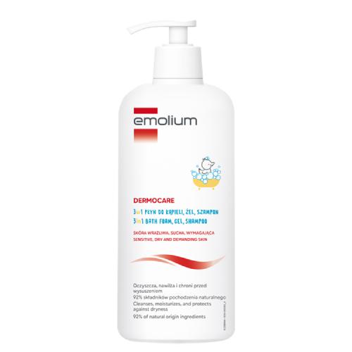 Miniaturka artykułu - Emolium Dermocare Płyn żel szampon do kąpieli i mycia 3 w 1, 400 ml