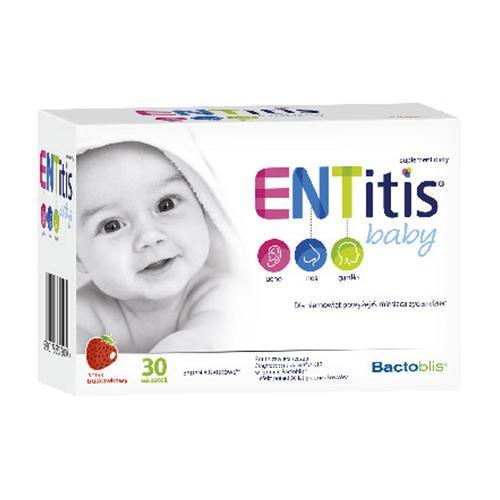 Miniaturka artykułu - ENTitis Baby proszek o smaku truskawkowym, 30 sasz. KR&Oacute;TKA DATA 31.08.2026