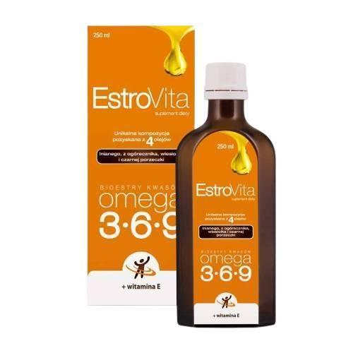 Miniaturka artykułu - EstroVita Omega 3-6-9 + witamina E Płyn, 250ml KRÓTKA DATA 31.08.2025