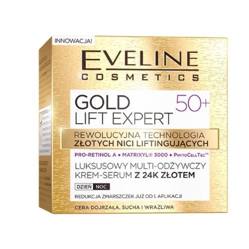 Miniaturka artykułu - EVELINE Gold Lift Expert 50+ Krem-serum multi-odżywcze z 24K złotem, 50ml