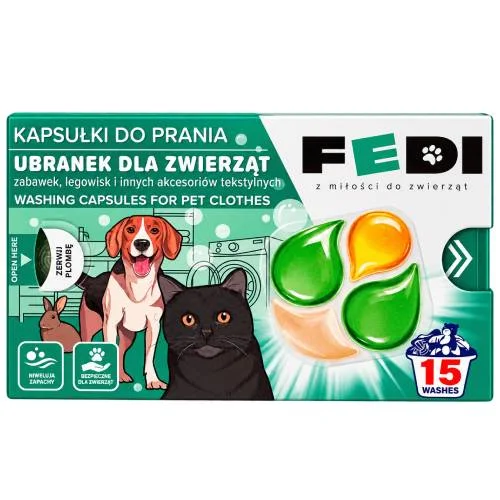 Miniaturka artykułu - Fedi Kapsułki do prania ubranek dla zwierząt, zabawek, legowisk dla zwierząt, 15 szt.