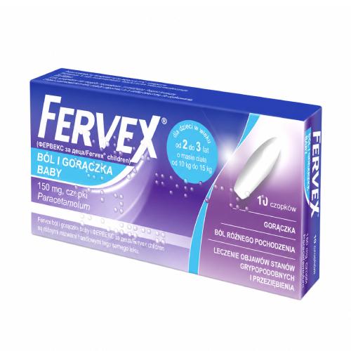 Miniaturka artykułu - Fervex B&oacute;l i gorączka baby 150 mg czopki doodbytnicze, 10 sztuk