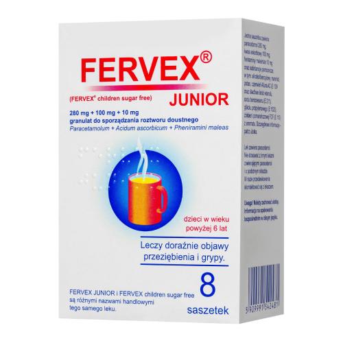 Miniaturka artykułu - Fervex Junior 280 mg + 100 mg + 10 mg, 8 saszetek Delfarma