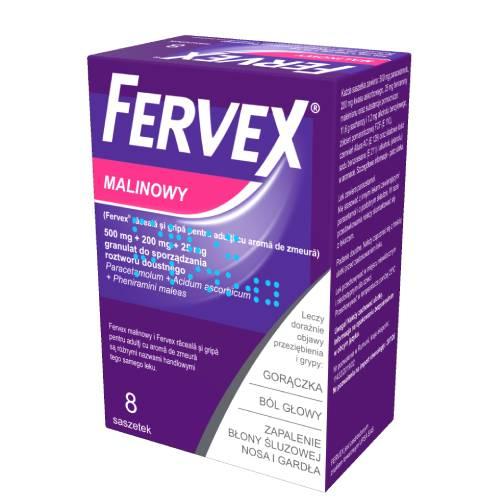 Miniaturka artykułu - Fervex malinowy granulat do sporządzania roztworu doustnego 500 mg + 200 mg + 25 mg, 8 saszetek