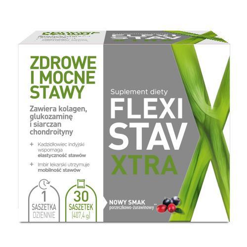 Miniaturka artykułu - FlexiStav Xtra smak porzeczkowo-żurawinowy, 30 sasz. - preparat na regenerację staw&oacute;w USZKODZONE/OPAKOWANIE