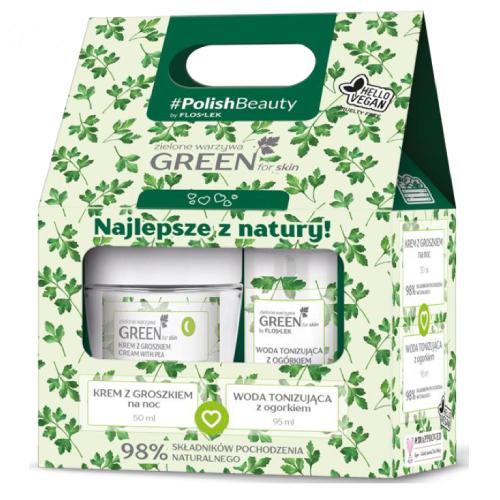 Miniaturka artykułu - FLOS-LEK Zestaw Green For Skin: Woda tonizująca z og&oacute;rkiem, 95ml + Krem z groszkiem odżywczy na noc, 50ml
