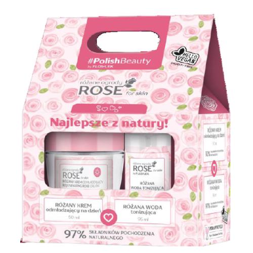 Miniaturka artykułu - FLOS-LEK Zestaw Rose For Skin: R&oacute;żana woda tonizująca, 95ml + R&oacute;żany krem odmładzający na dzień, 50ml