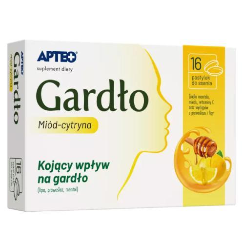 Miniaturka artykułu - Gardło mi&oacute;d-cytryna APTEO, 16 pastylek do ssania KR&Oacute;TKA DATA 31.07.2026