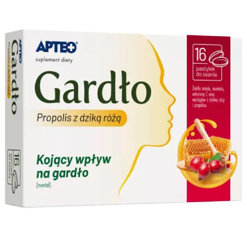 Miniaturka artykułu - Gardło propolis z dziką różą APTEO, 16 pastylek do ssania