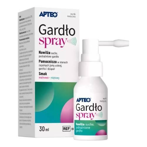 Miniaturka artykułu - Apteo Gardło Spray nawilżający z kwasem mlekowym smak malinowo-miętowy, 30 ml