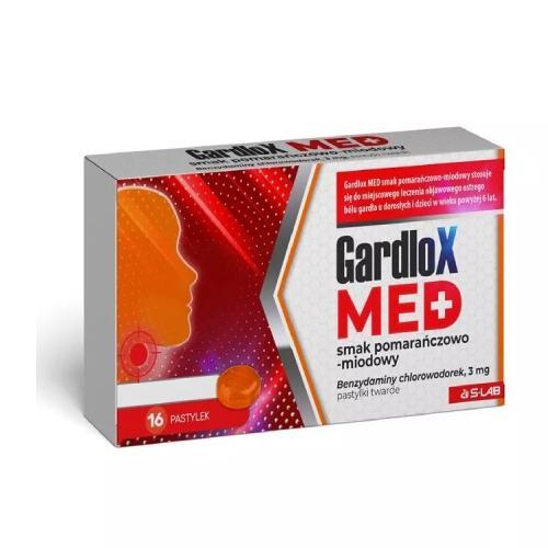 Miniaturka artykułu - GARDLOX MED smak pomarańczowo-miodowy lek na stan zapalny gardła i jamy ustnej, 16 pastylek KR&Oacute;TKA DATA 31.10.2026