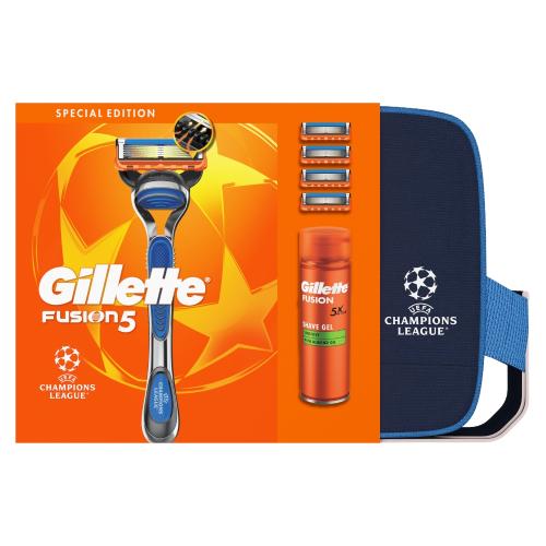 Miniaturka artykułu - Gillette Fusion5 Zestaw Maszynka do golenia dla mężczyzn + Wymienne ostrza, 4 szt. + Żel do golenia Sensitive, 200 ml + Kosmetyczka