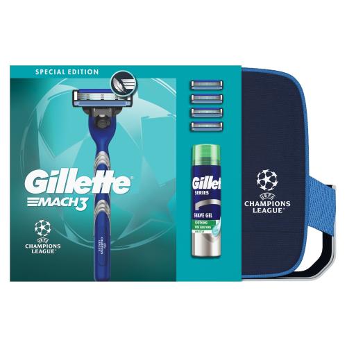 Miniaturka artykułu - Gillette Mach3 Zestaw Maszynka do golenia dla mężczyzn + Wymienne ostrza, 4 szt. + Żel do golenia Sensitive, 200 ml + Kosmetyczka