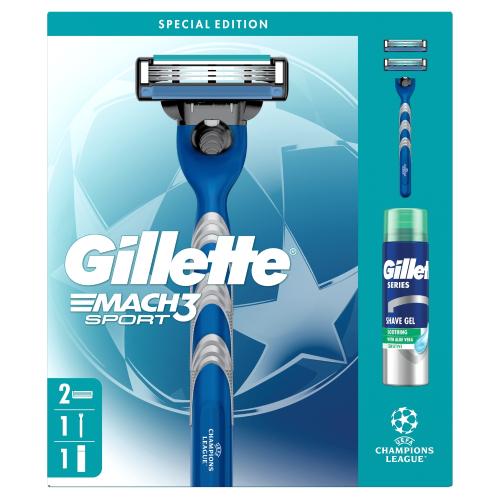 Miniaturka artykułu - Gillette Mach3 Sport Zestaw Maszynka do golenia dla mężczyzn + Wymienne ostrza, 2 szt. + Żel do golenia Sensitive, 200 ml