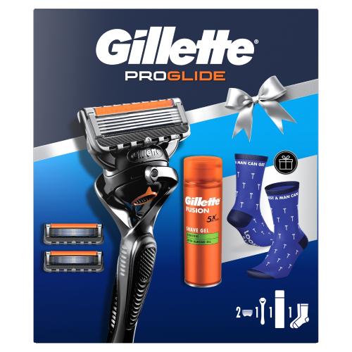 Miniaturka artykułu - Gillette ProGlide Zestaw Maszynka do golenia dla mężczyzn + Wymienne ostrza, 2 szt. + Żel do golenia Sensitive, 200 ml + Skarpety
