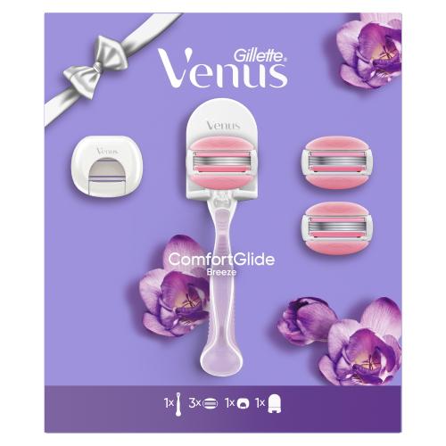 Miniaturka artykułu - Gillette Venus ComfortGlide Breeze Zestaw Maszynka do golenia dla kobiet + Wymienne ostrza, 3 szt. + Uchwyt na maszynkę + Pokrowiec podr&oacute;żny na ostrza