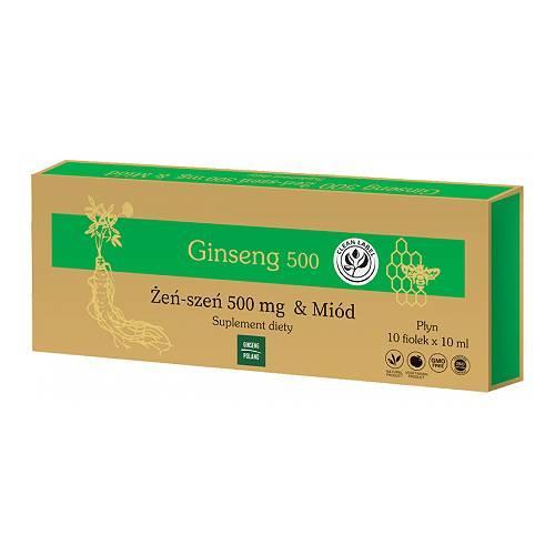 Zdjęcie produktu - GINSENG 500 Żeńszeń & Mi&oacute;d płynny 10 fiolek x 10 ml USZKODZONE TEKTUROWE OPAKOWANIE