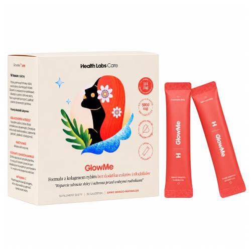 Miniaturka artykułu - Health Labs GlowMe Kolagen z kwasem hialuronowym smak mango-marakuja, 30 sasz.