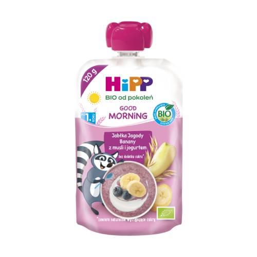 Miniaturka artykułu - HiPP BIO Good Morning Mus owocowy jabłka jagody banany z musli i jogurtem po 1. roku, 120 g