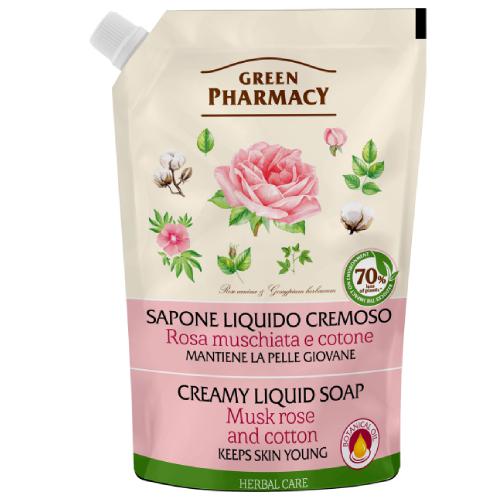 GREEN PHARMACY Mydło w płynie zapas R&oacute;ża piżmowa i bawełna, 460ml