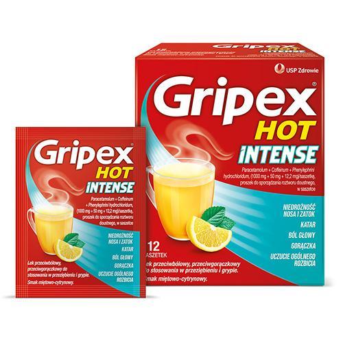 Miniaturka artykułu - GRIPEX Hot Intense Proszek, 12 saszetek USZKODZONE OPAKOWANIE