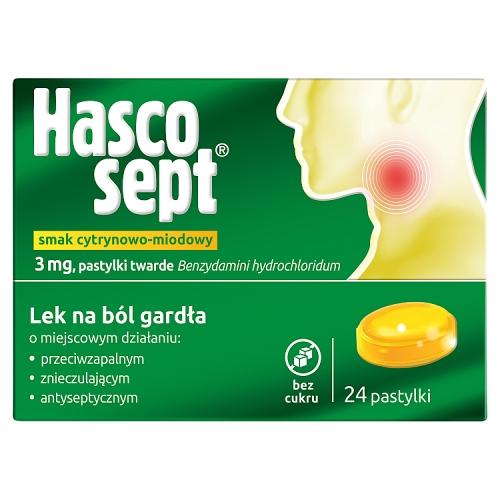 Miniaturka artykułu - Hascosept - lek na b&oacute;l gardła, smak cytrynowo-miodowy, 24 pastylek