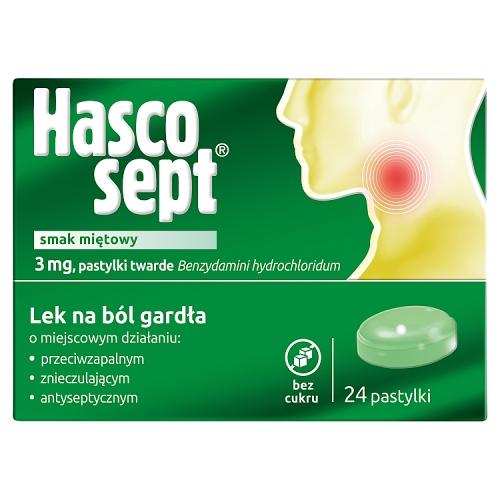 Miniaturka artykułu - Hascosept - lek na b&oacute;l gardła, smak miętowy, 24past.