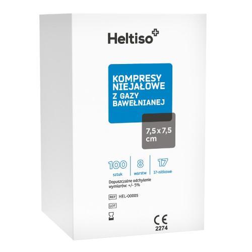 Miniaturka artykułu - Heltiso Kompresy niejałowe z gazy bawełnianej 7,5x7,5cm 8warstwowe 17nitkowe, 100 szt. USZKODZONE OPAKOWANIE